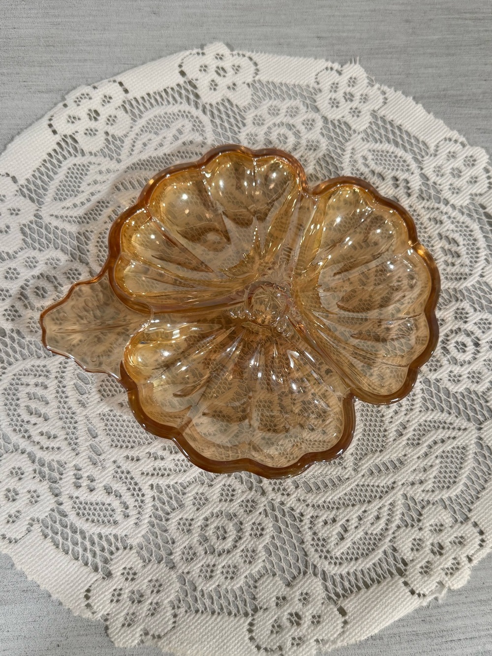 Vintage Jeanette Glass Carnival Marigold Divided Flower Dish